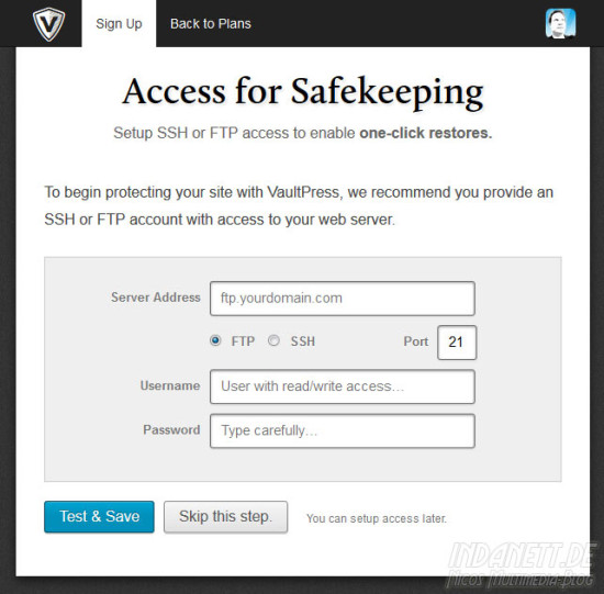 VaultPress - FTP-Daten