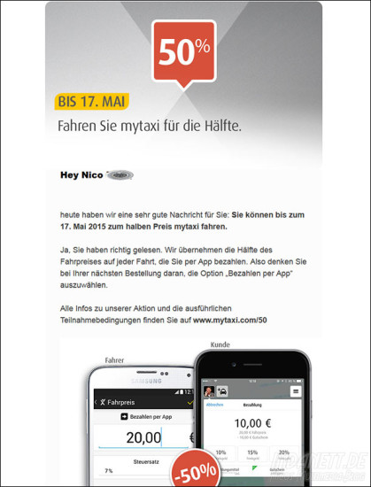 mytaxi 50 Prozent Rabatt