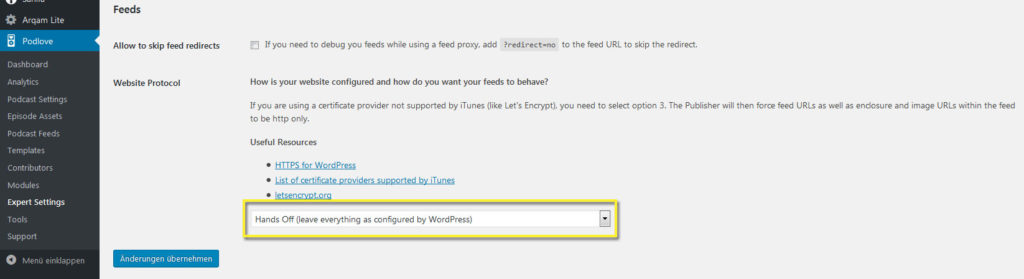 Wordpress auf https umstellen - Podlove Expert Settings