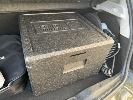 Eine Thermobox die in einem Kofferraum steht.