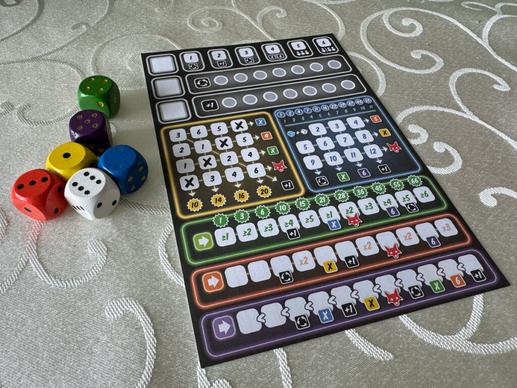 Die sechs Würfel und der Spielbogen