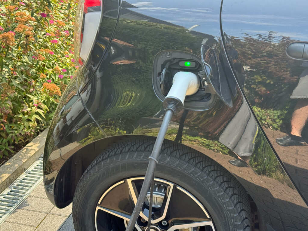 Ein Ladekabel steckt im Auto und das Fahrzeug lädt